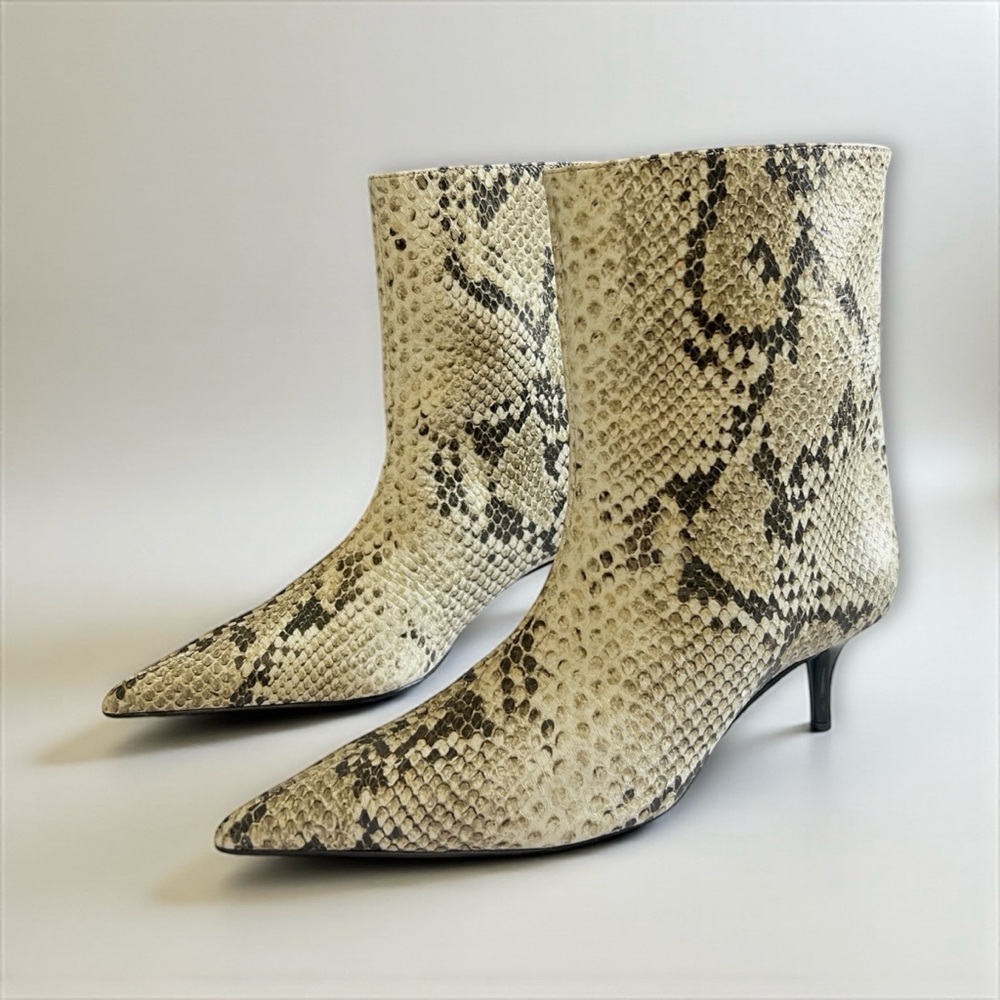 Schutz Frances Snake Print Pointed Toe Mid Calf Kitten Heeled Ankle Boots - Picture 3 of 5